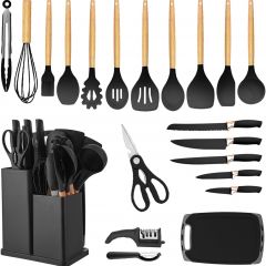 Utensilios de Cocina de Silicona：21 Piezas Juego de Utensilios de Cocina y Cuchillos de Cocina Antiadherentes con Mango Resistente al Calor