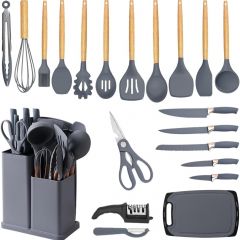 Utensilios de Cocina de Silicona：21 Piezas Juego de Utensilios de Cocina y Cuchillos de Cocina Antiadherentes con Mango Resistente al Calor gray