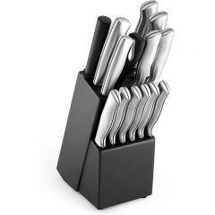 Juego de cuchillos de cocina de acero inoxidable estampado de alto carbono de 15 piezas con bloque de madera, cuchillos para carne, afilados como una navaja, color negro