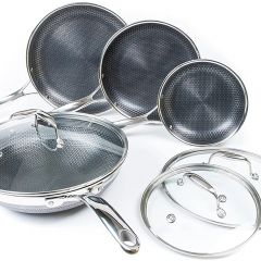 Juego de utensilios de cocina híbridos de acero inoxidable HexClad de 7 piezas con tapas y wok
