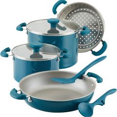 Juego de utensilios de cocina de aluminio Rachael Ray de 8 piezas, color verde azulado brillante