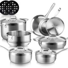 Juego de utensilios de cocina de inducción Duxtop de acero inoxidable de triple capa con revestimiento completo, juego de 14 ollas y sartenes de cocina