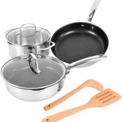 Juego de 5 utensilios de cocina MOBUTA de acero inoxidable de triple capa para inducción con tapas de vidrio