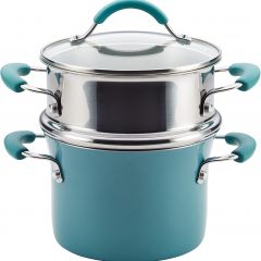 Olla antiadherente para salsas Rachael Ray Cucina con vaporera y tapa, 3 cuartos, color azul agave