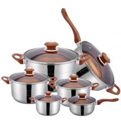 Olla con borde enrollable de 12 piezas con tapa de vidrio marrón