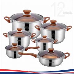 12 piezas de olla con borde enrollado y tapa de vidrio marrón