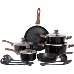 Juego de ollas de inducción DishDelight de 15 piezas con revestimiento de granito y tapas de vidrio, apto para cocinas de inducción, ollas y sartenes de aluminio antiadherentes en negro