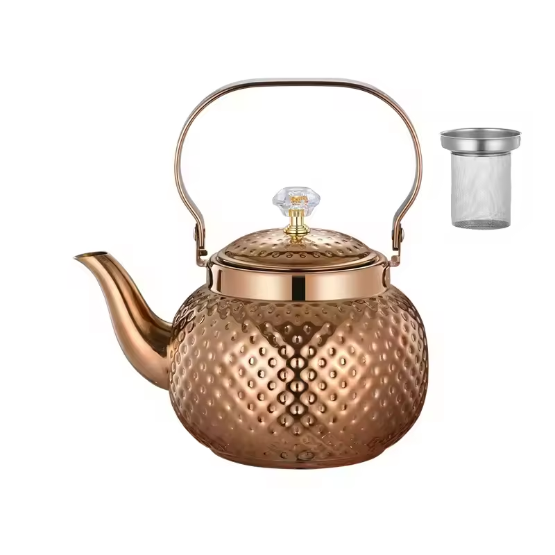 Tetera de acero inoxidable martillado en oro rosa con forma de flor y colador (36 unidades por caja)