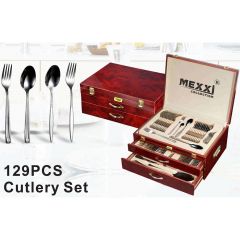 Juego de cubiertos de 129 piezas con caja de madera, cubiertos de acero inoxidable, cuchillo, tenedor y cuchara