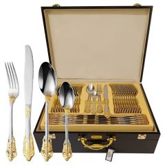 Juego de cubiertos Royal Gold Couvert Dore de 72 piezas con caja de madera, de acero inoxidable, para bodas, de metal