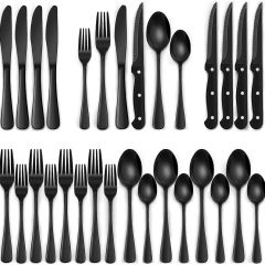 Juego de cubiertos negros de 24 piezas con cuchillos para carne, cubiertos negros para 4 personas, vajilla de acero inoxidable de grado alimenticio, juego de utensilios con acabado de espejo para el h