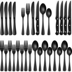 Juego de cubiertos negros de 24 piezas con cuchillos para carne, cubiertos negros para 4 personas, vajilla de acero inoxidable de grado alimenticio, juego de utensilios con acabado de espejo para el h