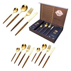 Juego de cubiertos de lujo chapados en oro con mangos de madera de primera calidad: 12 piezas de acero inoxidable para cenas elegantes y ocasiones especiales